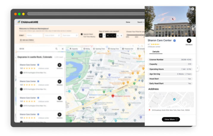 ChildrenKARE platform showing provider details and map